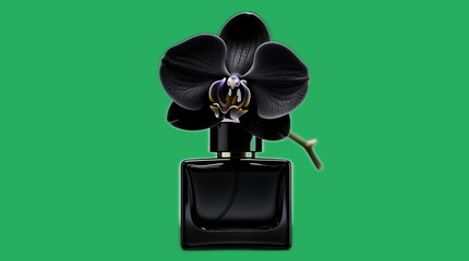 black perfume bottle with black flowers, design, 3d, object, element, flower