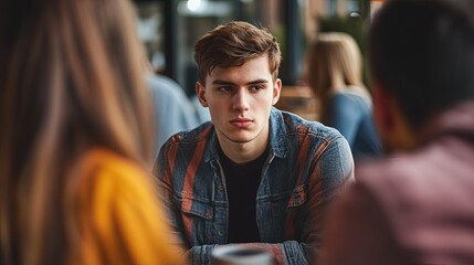A young man passionately vents his frustrations to a group of attentive friends who offer support and a listening ear, highlighting male friendship and mental health