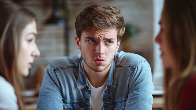 A young man passionately vents his frustrations to a group of attentive friends who offer support and a listening ear, highlighting male friendship and mental health - Powered by Adobe