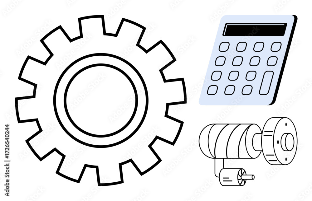 Poster gear, modern calculator, and engine part highlight engineering, technology, and mathematical problem