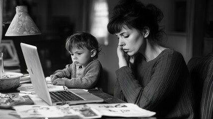 A young mother balances working on her laptop from home while caring for her child, illustrating the challenges and realities of modern parenting and remote work.