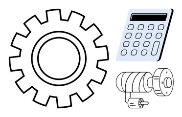 Gear, modern calculator, and engine part highlight engineering, technology, and mathematical problem-solving. Ideal for mechanics, automation, analysis, innovation efficiency strategy