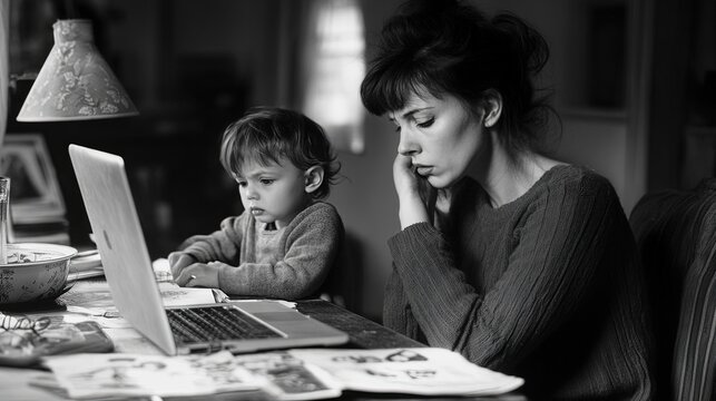 A young mother balances working on her laptop from home while caring for her child, illustrating the challenges and realities of modern parenting and remote work. - Powered by Adobe