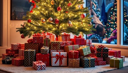 Fototapeta premium Pile of wrapped Christmas gifts under twinkling tree, holiday season, pattern