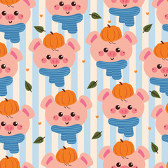 seamless pattern cute cartoon pig with blue scarf and autumn element drawing for autumn season in stripe style background