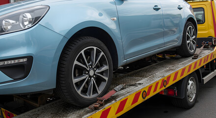Close up of a light blue car being loaded onto a tow truck flatbed