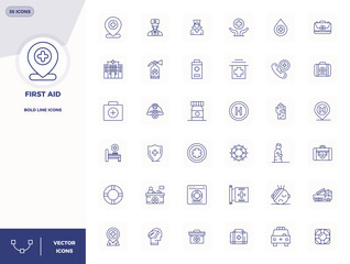 Handcrafted collection featuring 36 Bold Line vector icons for First Aid, optimized in 128x128 PIXEL perfect resolution for premium digital experiences.