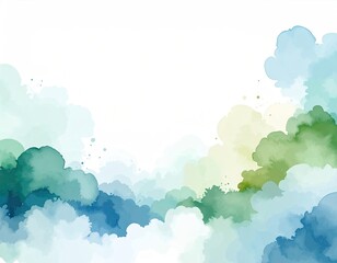 Abstract watercolor cloudscape. Soft, blended colors of teal, green, and pale yellow