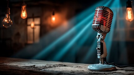 Old microphone illuminated with theater lights high resolution picture