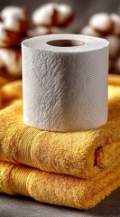 Luxurious comfort with soft toilet paper roll resting on plush yellow towels, evoking a spa-like experience and pristine cleanliness