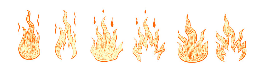 Orange and yellow set fire with crayon texture. Scribble flame with texture. 