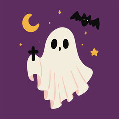 Cute Halloween Ghost Cartoon Character Vector Illustration with Cross and Bat in a Friendly Spooky Scene with Moon Crescent and Stars