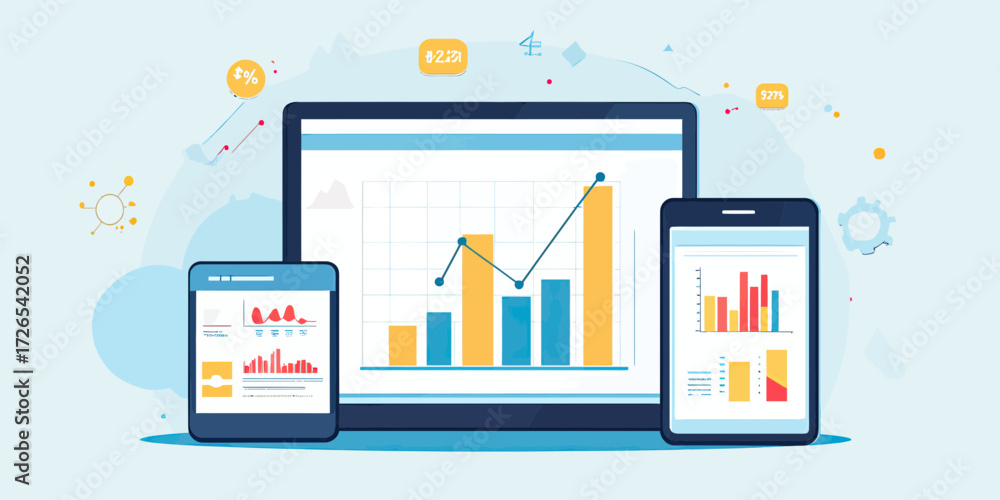 Aufkleber Flat colorful business analytics graphs and charts displayed on multiple mobile devices including tablet and smartphone for financial investment planning and data visualization concept