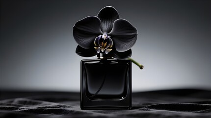 black perfume bottle with black flowers, design, 3d, object, element, flower