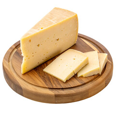 Wedge and Slices of Yellow Cheese on a Wooden Cutting Board dairy food