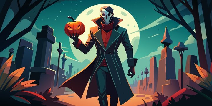 igure in dark trench coat and gloves, pumpkin head carved with cryptic Zodiac