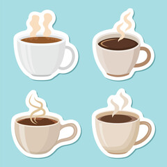 Coffee or tea cup stickers icons set in flat style. Hot drink vector illustration on isolated background. Mug sign business concept.