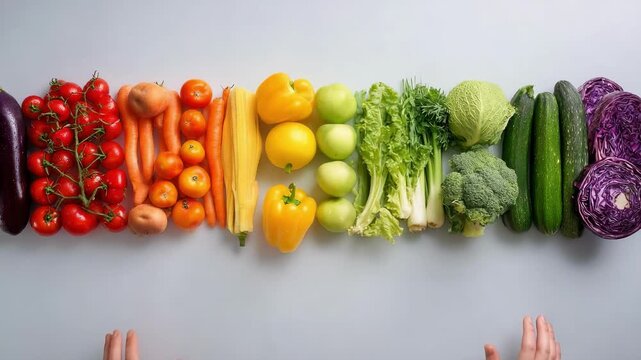 Colorful row of vegetables in rainbow order: tomatoes, peppers, greens, broccoli, cucumbers, purple cabbage, two hands reaching center.