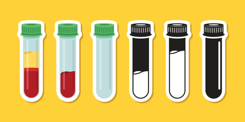 Science lab bottle stickers icon set collection in flat style. Laboratory glassware equipment vector illustration on isolated background. Test tube sign business concept.