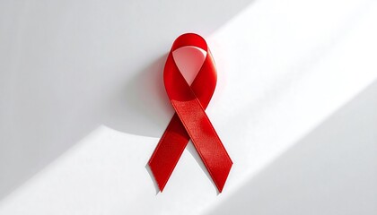 Close-up of a red ribbon symbol on a white background, clean and minimalist style.