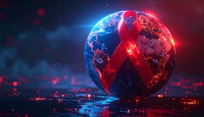 Digital globe with glowing red ribbon overlay, representing World AIDS Day awareness.