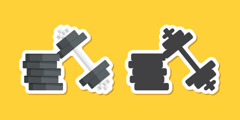 Dumbbell sticker icon in flat style. Workout gym tool vector illustration on isolated background. Barbell fitness equipment sign business concept.