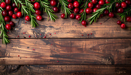 Cranberries and rosemary sprigs adorn a rustic wooden surface, creating a festive holiday border with a warm, inviting, and natural aesthetic.