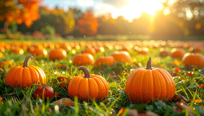 Pumpkins sit in a field of green grass with colorful trees in the distance during a warm autumn sunset, creating a festive seasonal mood.