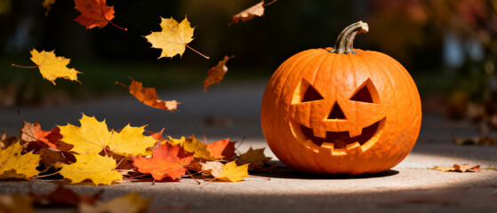 halloween，pumpkin carved into a ghost-like face surrounded by scattered autumn leaves,fall holiday charm, spooky yet friendly design.Generated by AI

