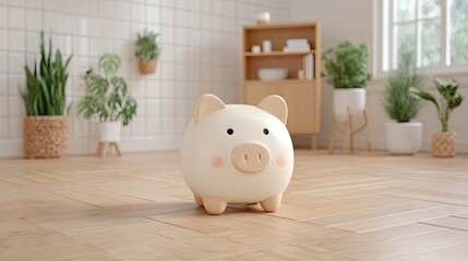 Cute Ceramic Piggy Bank on Light Wooden Floor in Bright Bathroom with Green Plants and White Brick Wall Background