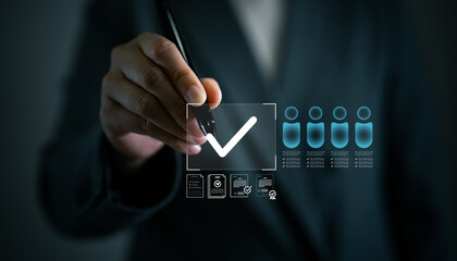 Hand of business professional ticking digital checkbox with document verification and candidate...