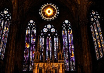 Solar Eclipse Above Gothic Cathedral Ruins Stained Glass Glowing