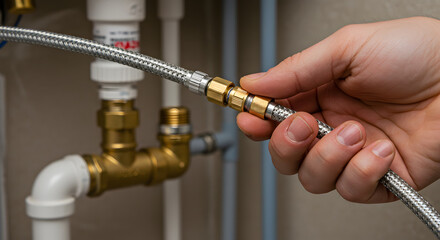 Hand connecting a metal pipe fitting to plumbing system
