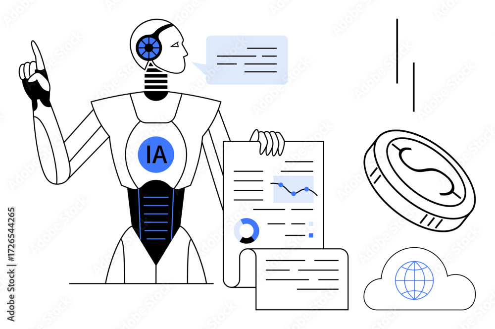 Poster ai robot interacting with graphs, documents, and chat bubbles, symbolizing automation, data analysis