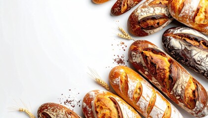 Variety of artisan loaves arranged on a white surface