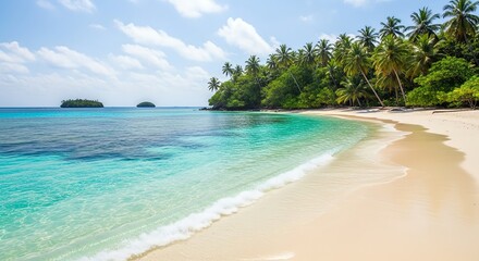 Fototapeta premium Idyllic Tropical Beach: Vibrant Turquoise Ocean, Pristine White Sand, Lush Palm Trees, Distant Islands under Blue Sky.
