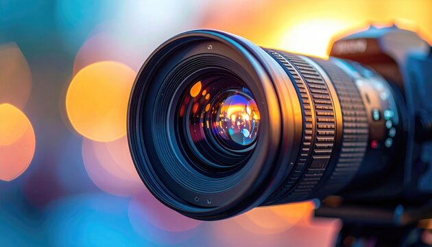 Close-up of a camera lens, colorful bokeh background
