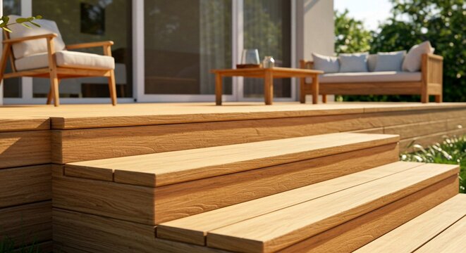 wooden benches in the park, Wooden deck steps construction detail, featuring planks and support beams. Patio area with blurred interior background. Natural wood grain, building material for home impro