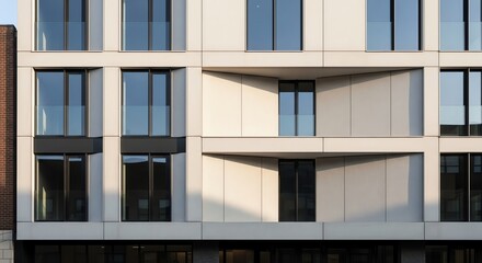Modern Architecture Facade with Geometric Shadows and Reflective Windows