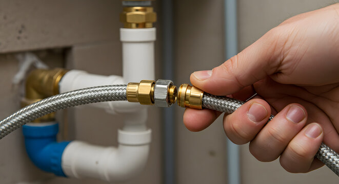 Hand connecting a flexible metal water supply line to a plumbing fixture