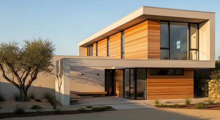 Serene Modern Home with Wood Cladding and an Olive Tree Bathed in Golden Hour Light.