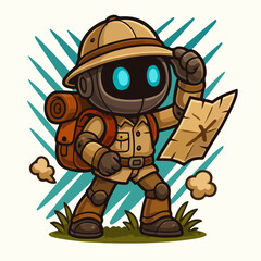 Explorer Robot with Backpack and Map — Adventure Android Mascot, Hiking & Navigation, Cartoon Vector