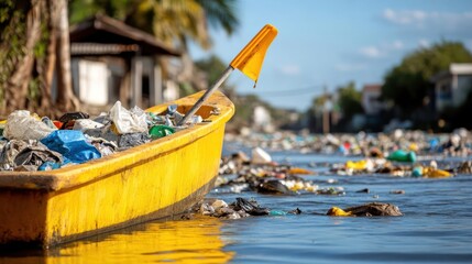 A stark visual of pollution, with a boat filled with garbage afloat on a polluted waterway