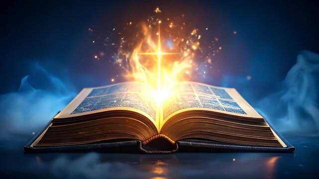 Glowing Cross Emanating from Open Book, Symbol of Faith and Spiritual Light