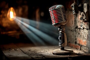 Stage spotlight highlighting retro microphone stand high resolution picture