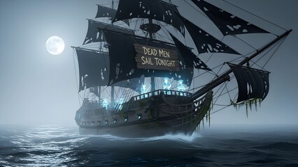Mysterious ghost pirate ship with glowing spectral crew and tattered sails sailing on a dark, foggy, moonlit sea.