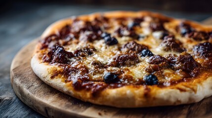A delicious homemade pizza with savory toppings rests on a rustic wooden board ready to be served