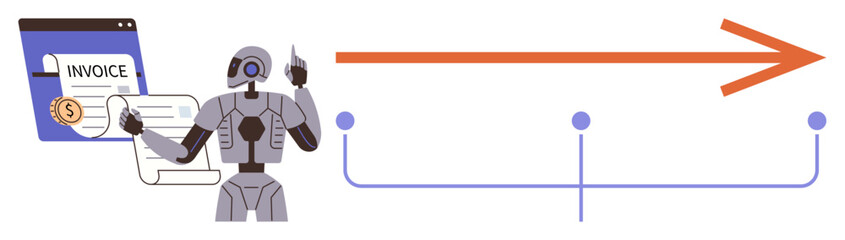 Humanoid robot managing invoice workflow, large arrow illustrating automation flow, connected nodes. Ideal for automation, robotics, innovation, efficiency, finance, AI applications digital