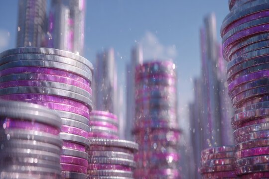 Stacks of shimmering pink and silver coins form skyscrapers against a light blue sky - Powered by Adobe