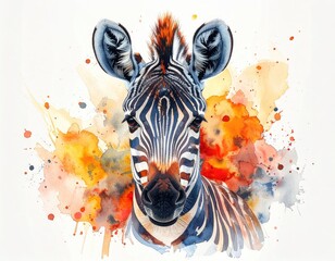 Zebra portrait in watercolor splashes